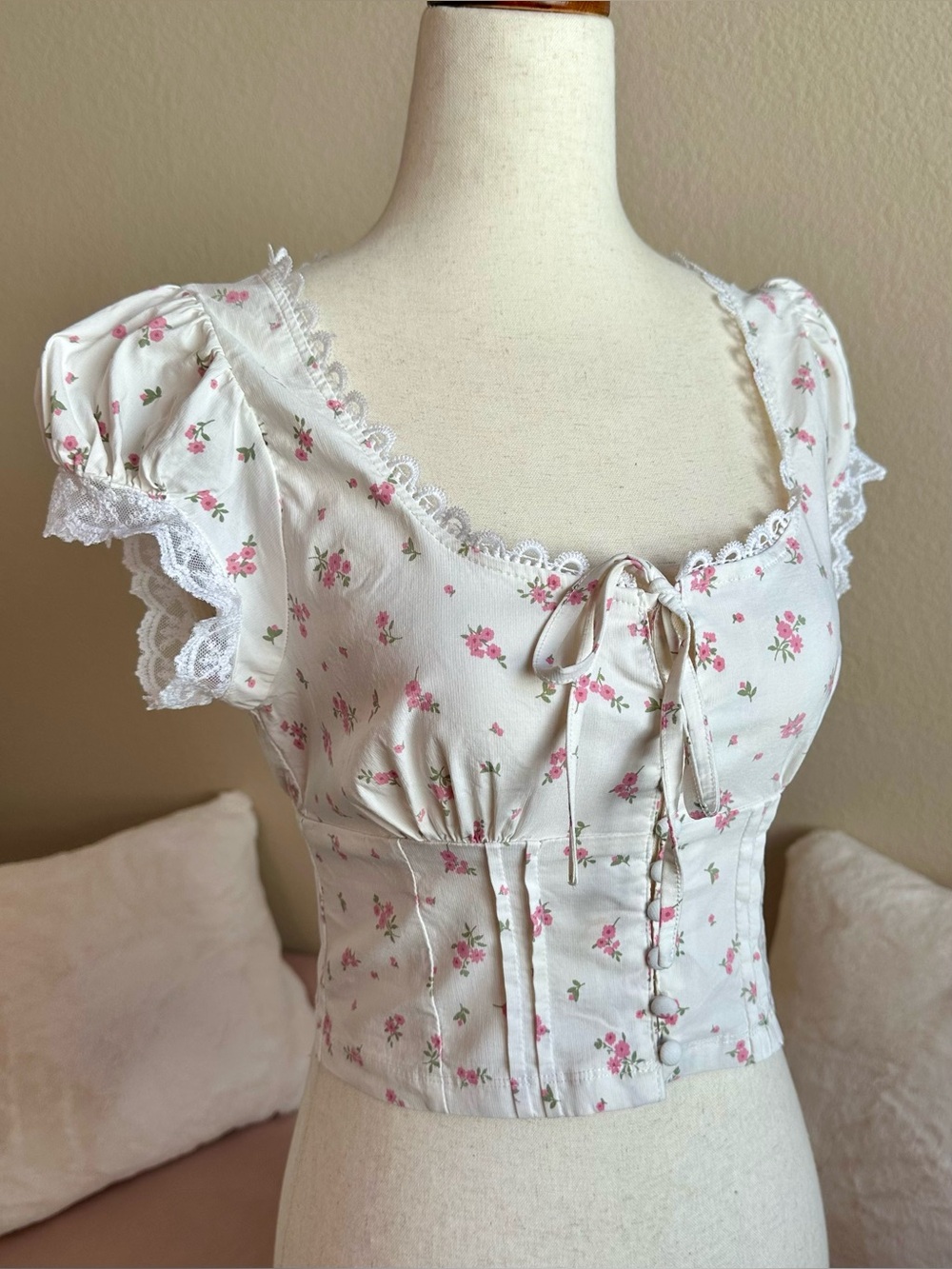 Anthropologie MINE White Milkmaid Crop Top Ditzy Pink Floral Women’s Sz M Corset